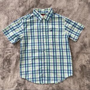 Wrangler Boys Plaid Short Sleeve Button Down Shirt Size XL 14/16 Blue Green